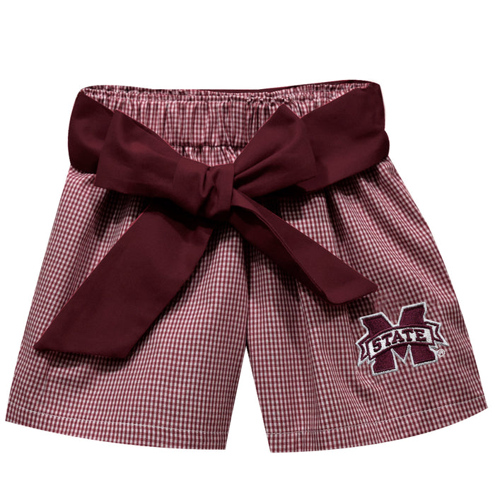Mississippi State Bulldogs Embroidered Maroon Gingham Girls Short With Sash