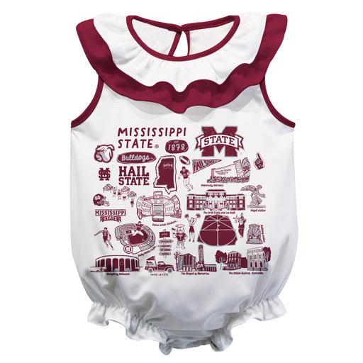 Mississippi State Bulldogs  White Hand Sketched Vive La Fete Impressions Artwork Sleeveless Ruffle Onesie Bodysuit