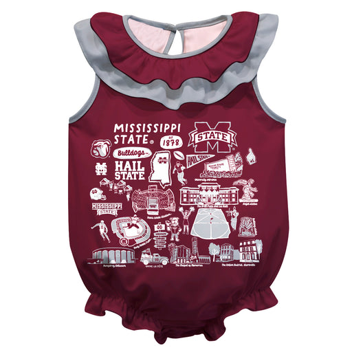 Mississippi State Bulldogs  Maroon Hand Sketched Vive La Fete Impressions Artwork Sleeveless Ruffle Onesie Bodysuit