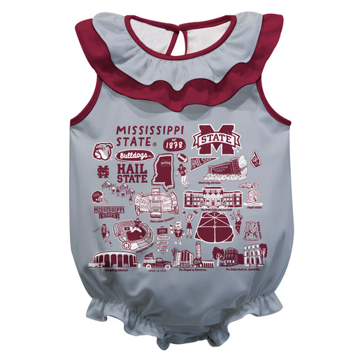 Mississippi State Bulldogs  Gray Hand Sketched Vive La Fete Impressions Artwork Sleeveless Ruffle Onesie Bodysuit