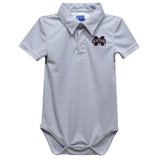 Mississippi State Bulldogs Embroidered Gray Stripe Knit Polo Onesie