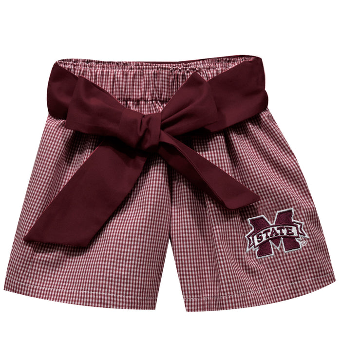 Mississipi State Bulldogs Embroidered Maroon Gingham Girls Short with Sash