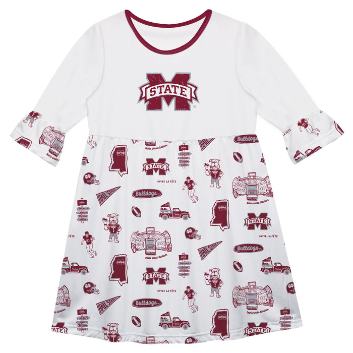 Mississippi State Bulldogs 3/4 Sleeve Solid White Repeat Print Hand Sketched Vive La Fete Impressions Artwork on Skirt