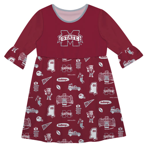Mississippi State Bulldogs 3/4 Sleeve Solid Maroon Repeat Print Hand Sketched Vive La Fete Impressions Artwork on Skirt