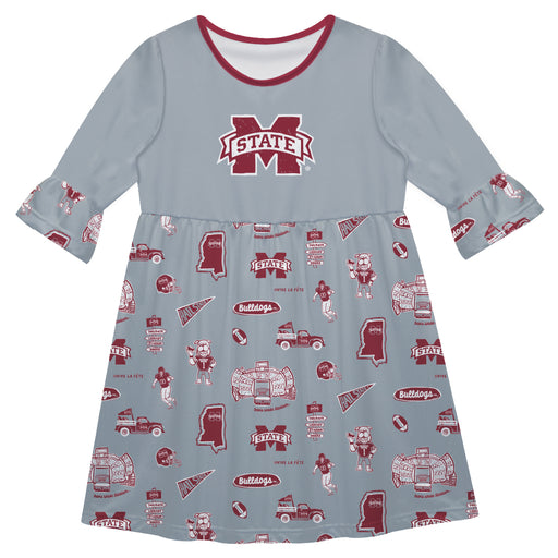 Mississippi State Bulldogs 3/4 Sleeve Solid Gray Repeat Print Hand Sketched Vive La Fete Impressions Artwork on Skirt