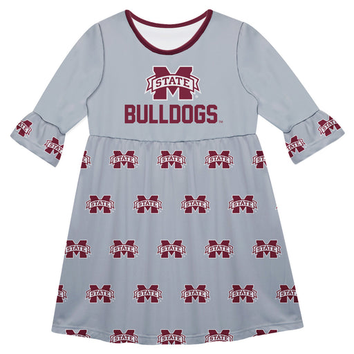 Mississippi State Bulldogs Vive La Fete Girls Game Day 3/4 Sleeve Solid Gray All Over Logo on Skirt