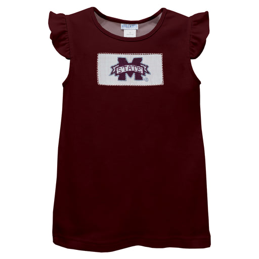 Mississippi State Bulldogs Smocked Maroon Knit Angel Wing Sleeves Girls Tshirt