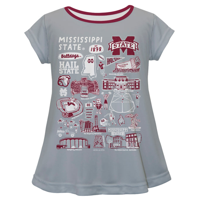 Mississippi State Bulldogs Hand Sketched Vive La Fete Impressions Artwork Gray Short Sleeve Top