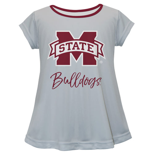Mississippi State Bulldogs Vive La Fete Girls Game Day Short Sleeve Gray Top with School Logo and Name