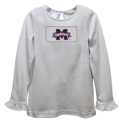 Mississippi State University Bulldogs Smocked White Knit Ruffle Long Sleeve Girls Tshirt