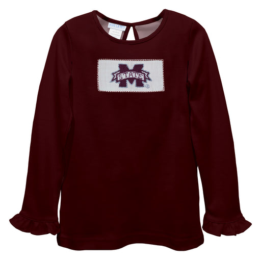 Mississippi State Bulldogs Smocked Maroon Knit Ruffle Long Sleeve Girls Tshirt