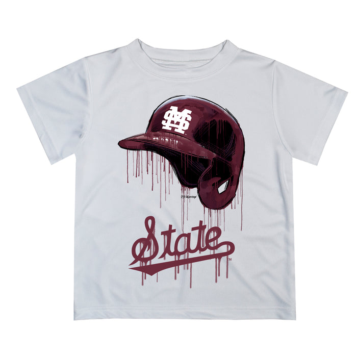 Mississippi State Bulldogs Original Dripping Baseball Helmet White T-Shirt by Vive La Fete