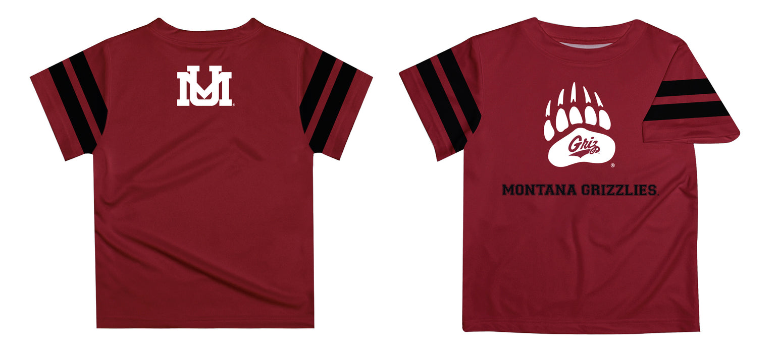 University of Montana Grizzlies Vive La Fete Boys Game Day Maroon Short Sleeve Tee with Stripes on Sleeves - Vive La Fête - Online Apparel Store