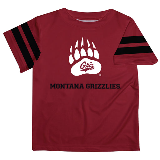 University of Montana Grizzlies Vive La Fete Boys Game Day Maroon Short Sleeve Tee with Stripes on Sleeves - Vive La Fête - Online Apparel Store