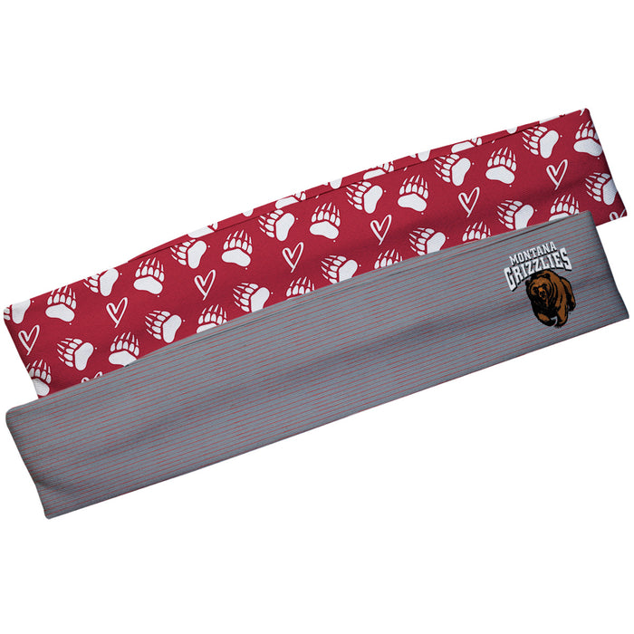 Montana Grizzlies UMT Vive La Fete Girls Women Game Day Set of 2 Stretch Headbands Repeat Logo Maroon and Logo Gray