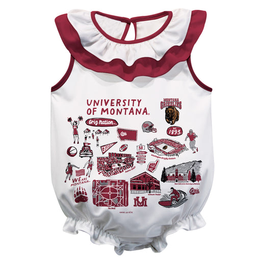 University of Montana Grizzlies  White Hand Sketched Vive La Fete Impressions Artwork Sleeveless Ruffle Onesie Bodysuit
