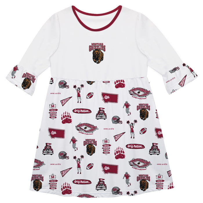 University of Montana Grizzlies 3/4 Sleeve Solid White Repeat Print Hand Sketched Vive La Fete Impressions Artwork on Sk