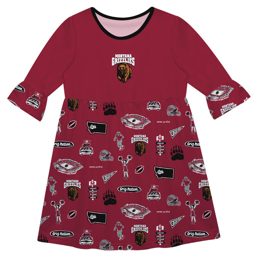 Montana Grizzlies 3/4 Sleeve Solid Maroon Repeat Print Hand Sketched Vive La Fete Impressions Artwork on Skirt