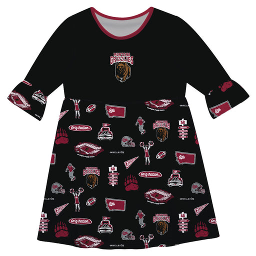 Montana Grizzlies 3/4 Sleeve Solid Black Repeat Print Hand Sketched Vive La Fete Impressions Artwork on Skirt