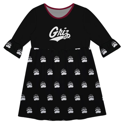 Montana Grizzlies UMT Vive La Fete Girls Game Day 3/4 Sleeve Solid Black All Over Logo on Skirt