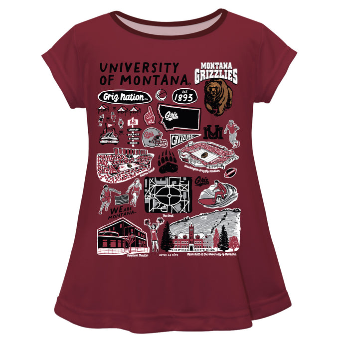 University of Montana Grizzlies Hand Sketched Vive La Fete Impressions Artwork Maroon Short Sleeve Top