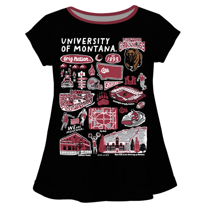 University of Montana Grizzlies Hand Sketched Vive La Fete Impressions Artwork Black Short Sleeve Top