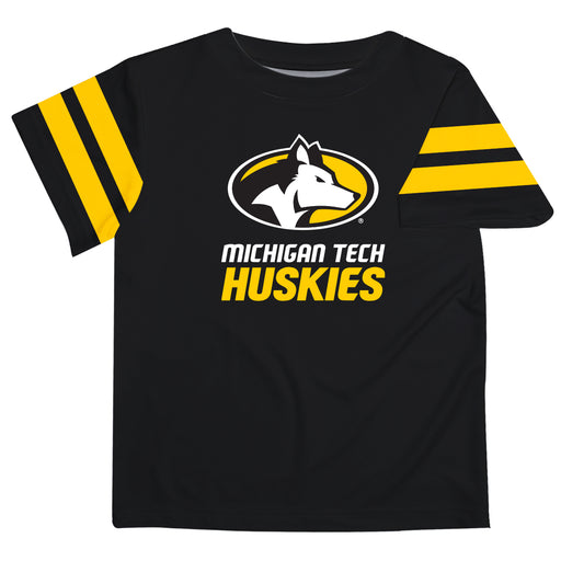 Michigan Tech Huskies MTU Vive La Fete Boys Game Day Black Short Sleeve Tee with Stripes on Sleeves - Vive La Fête - Online Apparel Store