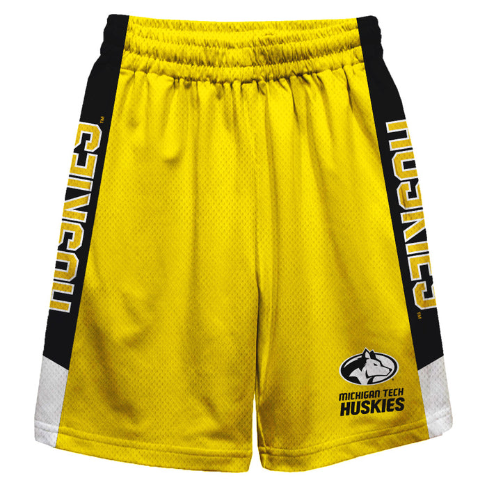 Michigan Tech Huskies Vive La Fete Game Day Gold Stripes Boys Solid Black Athletic Mesh Short