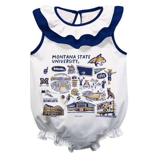 Montana State Bobcats MSU  White Hand Sketched Vive La Fete Impressions Artwork Sleeveless Ruffle Onesie Bodysuit