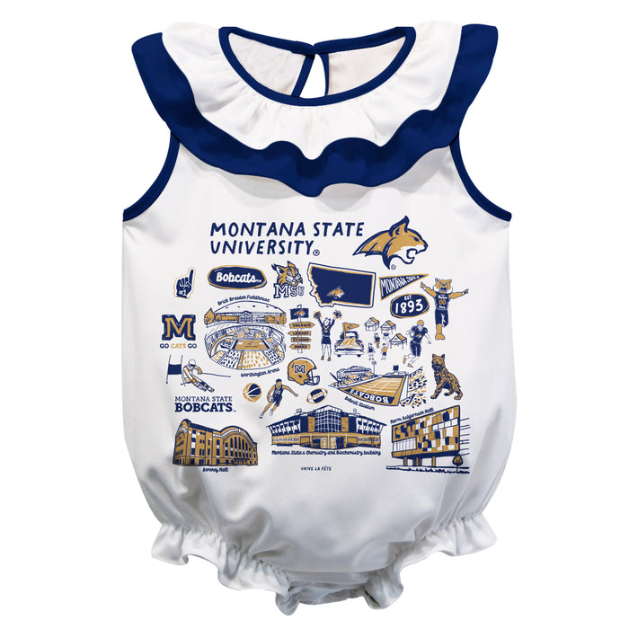 Montana State Bobcats MSU  White Hand Sketched Vive La Fete Impressions Artwork Sleeveless Ruffle Onesie Bodysuit