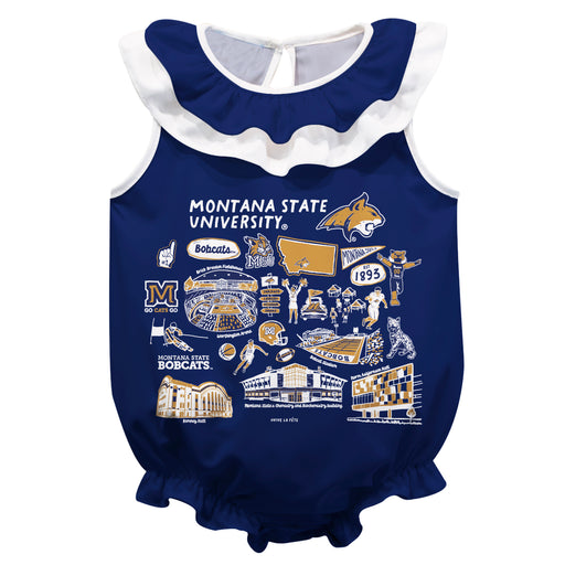 Montana State Bobcats MSU  Blue Hand Sketched Vive La Fete Impressions Artwork Sleeveless Ruffle Onesie Bodysuit