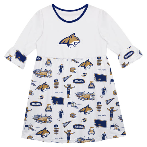 Montana State Bobcats MSU 3/4 Sleeve Solid White Repeat Print Hand Sketched Vive La Fete Impressions Artwork on Skirt