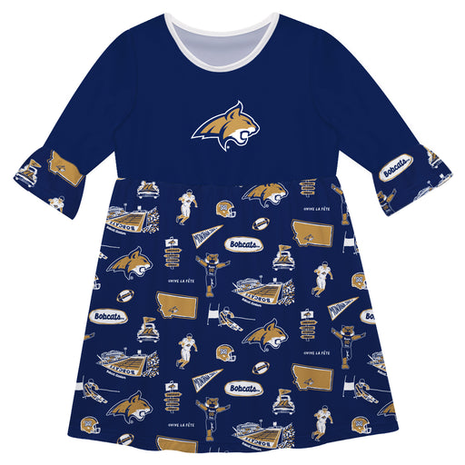 Montana State Bobcats MSU 3/4 Sleeve Solid Blue Repeat Print Hand Sketched Vive La Fete Impressions Artwork on Skirt