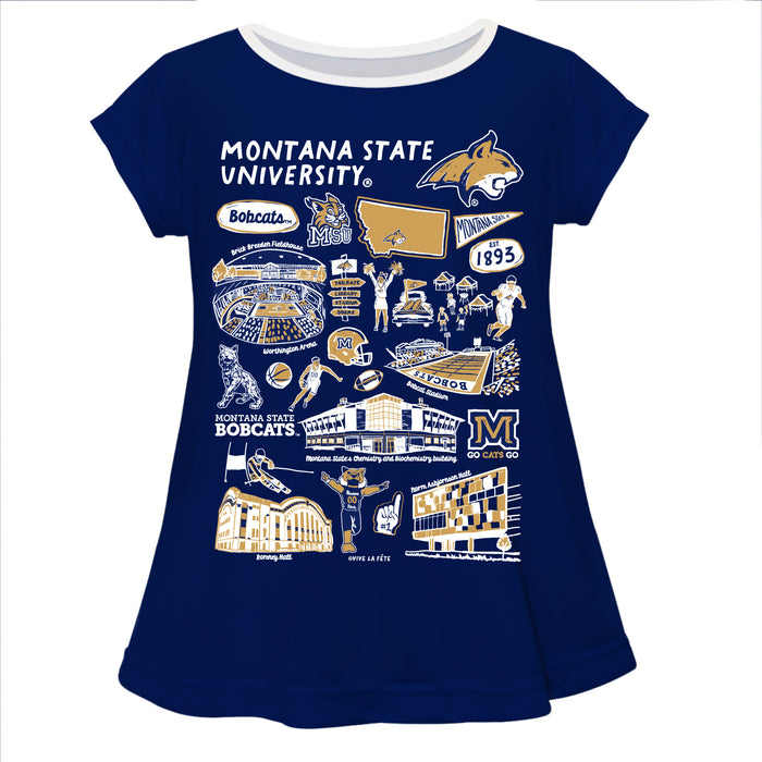 Montana State Bobcats MSU Hand Sketched Vive La Fete Impressions Artwork Blue Short Sleeve Top