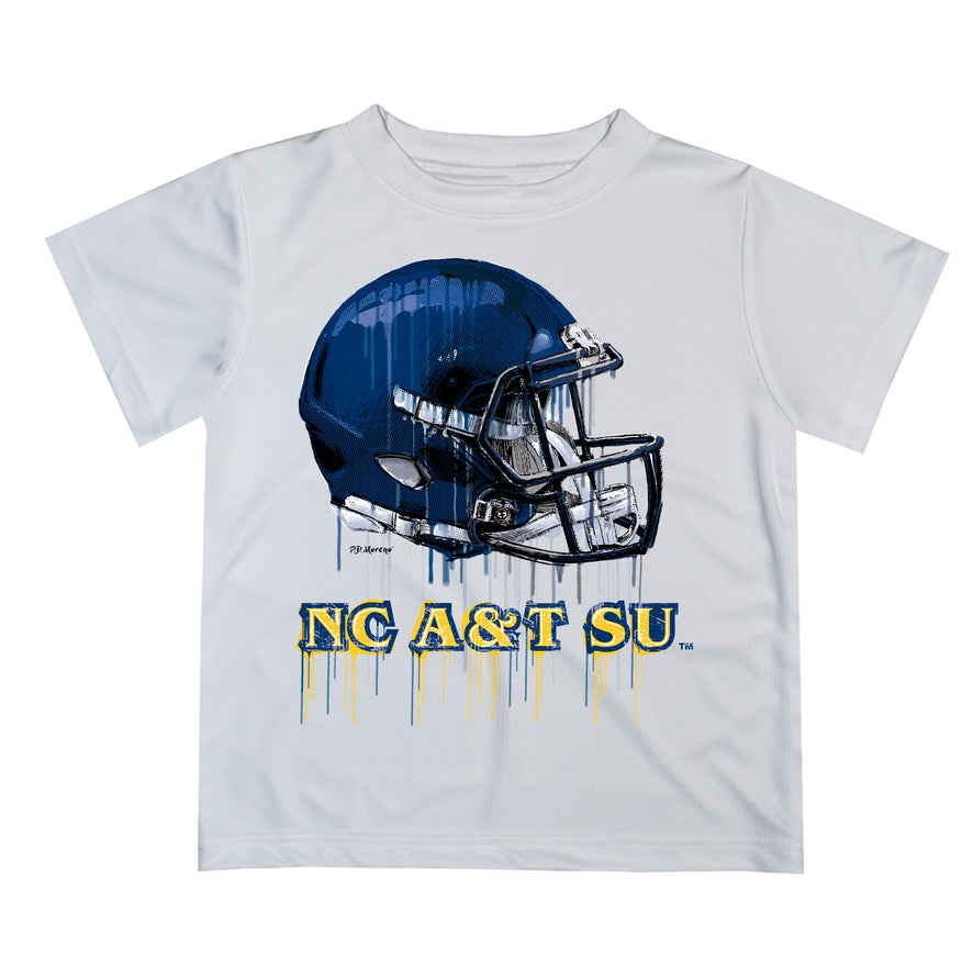 at&t football helmet North Carolina A&T Aggies Original Dripping Football Helmet White T-Shirt by 24M - High Quality Apparels