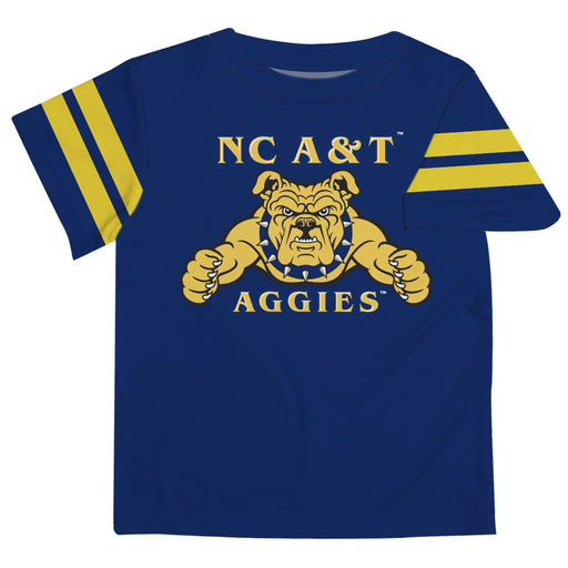 North Carolina A&T Aggies Vive La Fete Boys Game Day Blue Short Sleeve Tee with Stripes on Sleeves