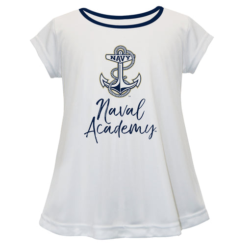 US Naval Academy Midshipmen Vive La Fete Girls Game Day Short Sleeve White Top with School Logo and Name