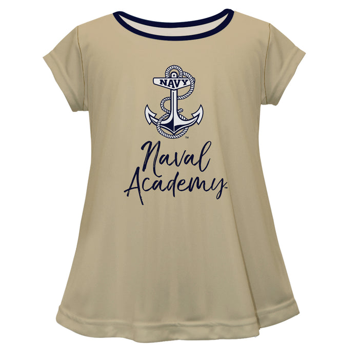 US Naval Academy Midshipmen Vive La Fete Girls Game Day Short Sleeve Gold Top with School Logo and Name