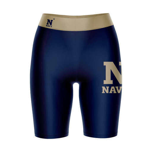 US Naval Academy Midshipmen Vive La Fete Game Day Logo on Thigh and Waistband Navy and Gold Women Bike Short 9 Inseam