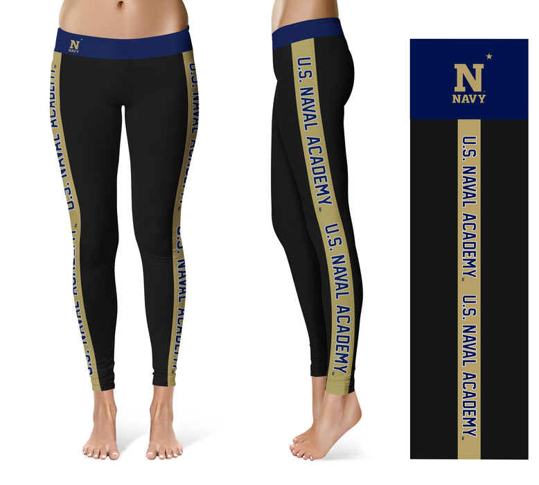 Naval Academy Midshipmen Vive La Fete Game Day Collegiate Gold Stripes Women Black Yoga Leggings 2 Waist Tights - Vive La Fête - Online Apparel Store