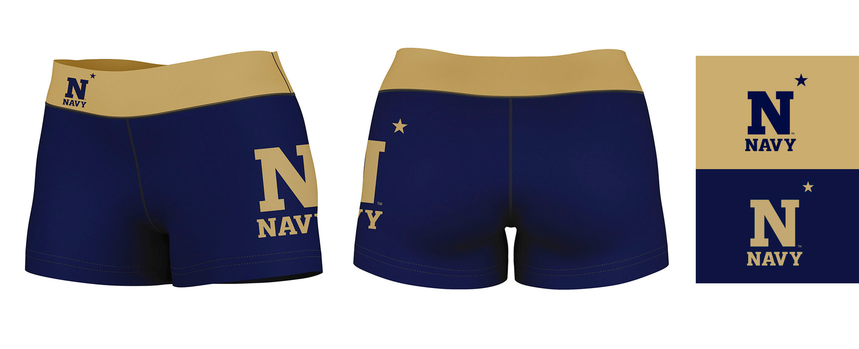 US Naval Academy Midshipmen Vive La Fete Logo on Thigh & Waistband Navy Gold Women Yoga Booty Workout Shorts 3.75 Inseam - Vive La Fête - Online Apparel Store