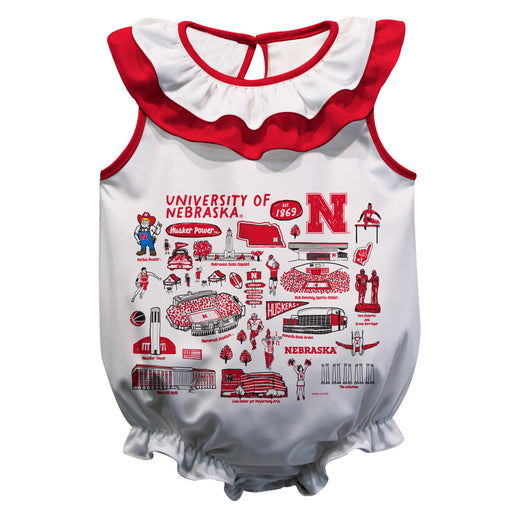 University of Nebraska Huskers  White Hand Sketched Vive La Fete Impressions Artwork Sleeveless Ruffle Onesie Bodysuit