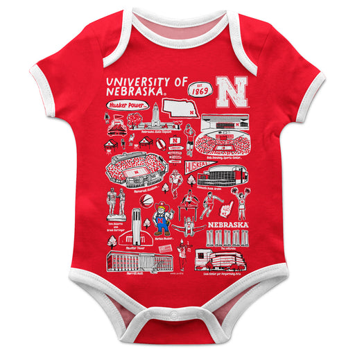 University of Nebraska Huskers Hand Sketched Vive La Fete Impressions Artwork Infant Red Short Sleeve Onesie Bodysuit