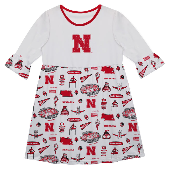 University of Nebraska Huskers 3/4 Sleeve Solid White Repeat Print Hand Sketched Vive La Fete Impressions Artwork on Ski