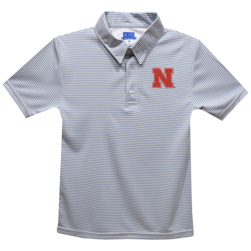 University of Nebraska Huskers Embroidered Gray Stripes Short Sleeve Polo Box Shirt