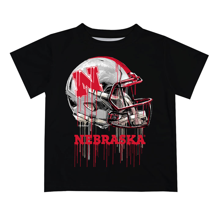 University of Nebraska Huskers Original Dripping Football Helmet Black T-Shirt by Vive La Fete