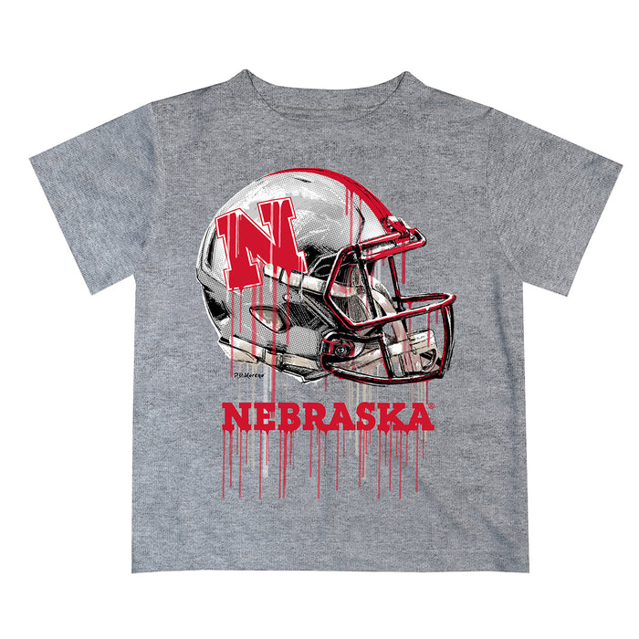 University of Nebraska Huskers Original Dripping Football Helmet Gray T-Shirt by Vive La Fete