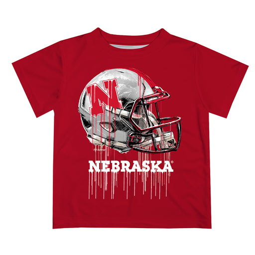 University of Nebraska Huskers Original Dripping Football Helmet Red T-Shirt by Vive La Fete