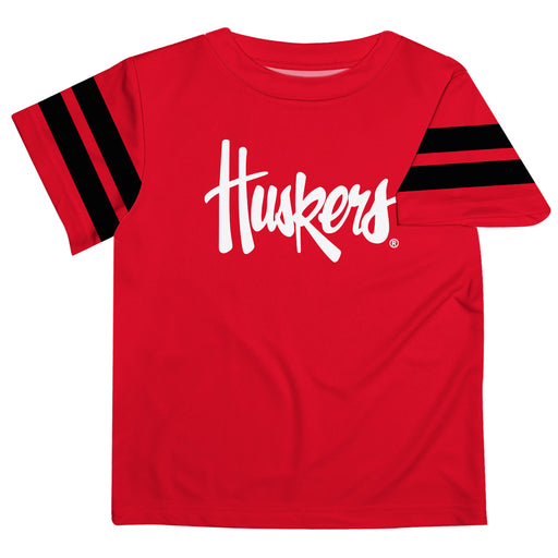 University of Nebraska Huskers Vive La Fete Boys Game Day Red Short Sleeve Tee with Stripes on Sleeves