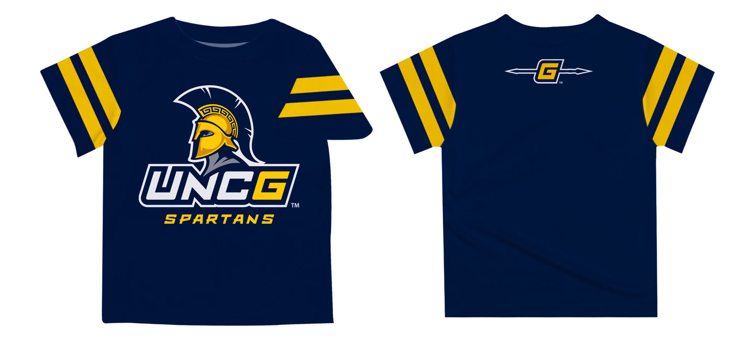 UNCG Spartans Vive La Fete Boys Game Day Navy Short Sleeve Tee with Stripes on Sleeves - Vive La Fête - Online Apparel Store